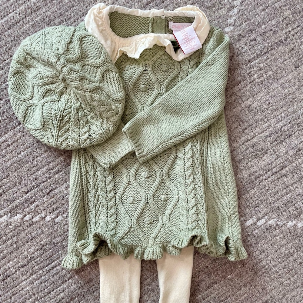 Shabby Chic Green Knit Hat and Sweater Set